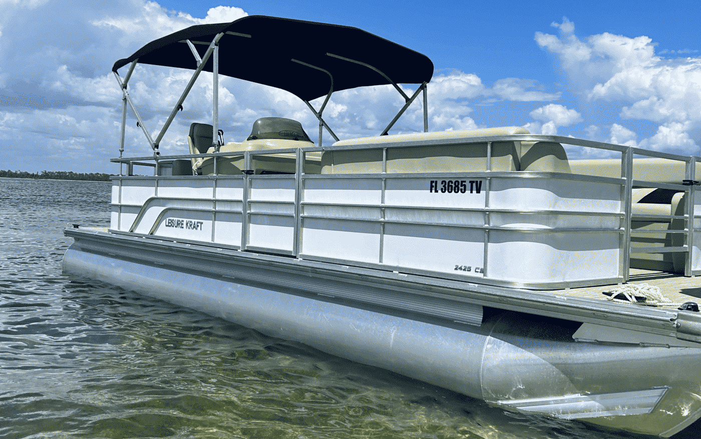 a white and black pontoon on a body of water